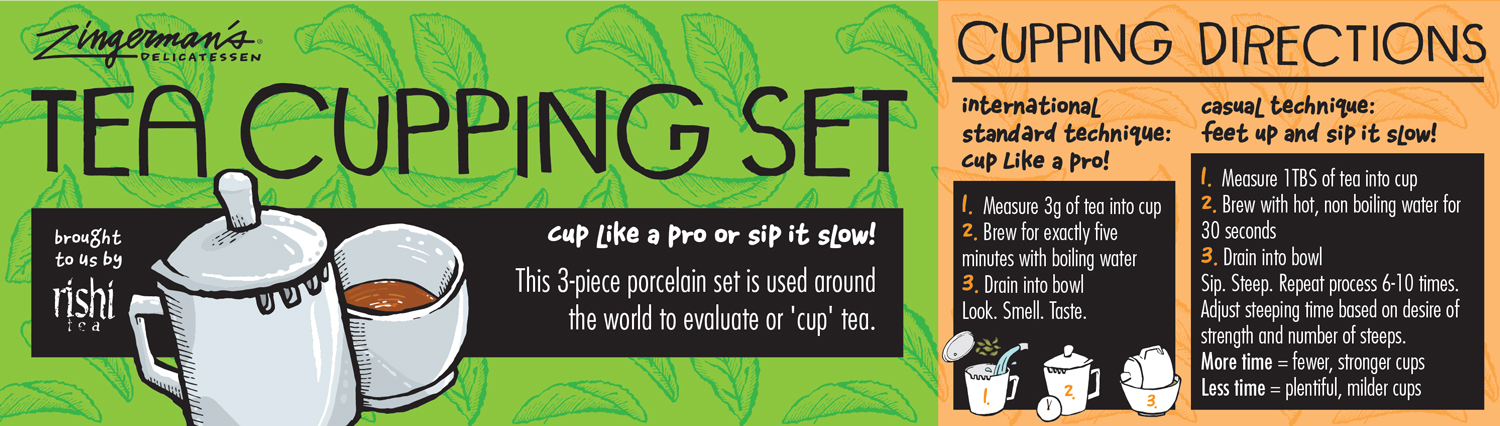 Zingerman's Tea Cupping Set label design in green and orange with tea leaves background