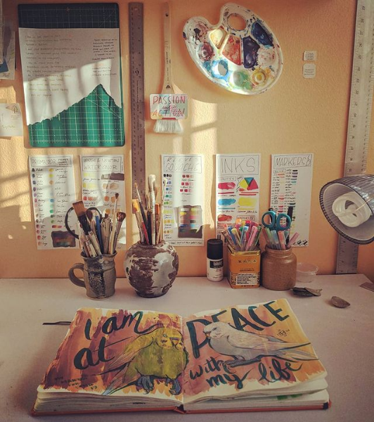 Photo of a sketchbook open on my drafting table with art supplies behind it