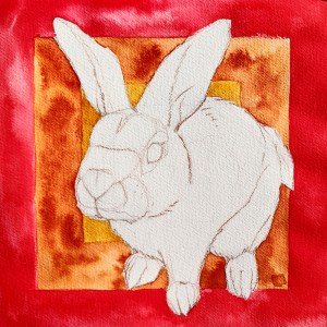 Background of bunny portrait inked in red, ochre and sienna - watercolor effect. Sketch of bunny in negative space.