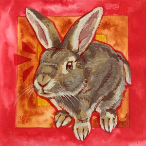 Portrait of a painted bunny finished with gouache and acrylic ink outlines.