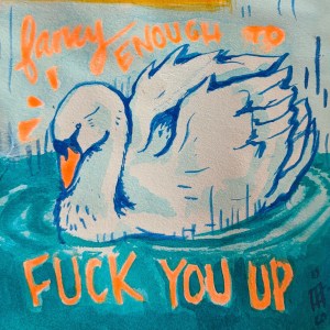 Acrylic ink sketch of the Fancy Enough Swan design in blues, teals and neon orange.