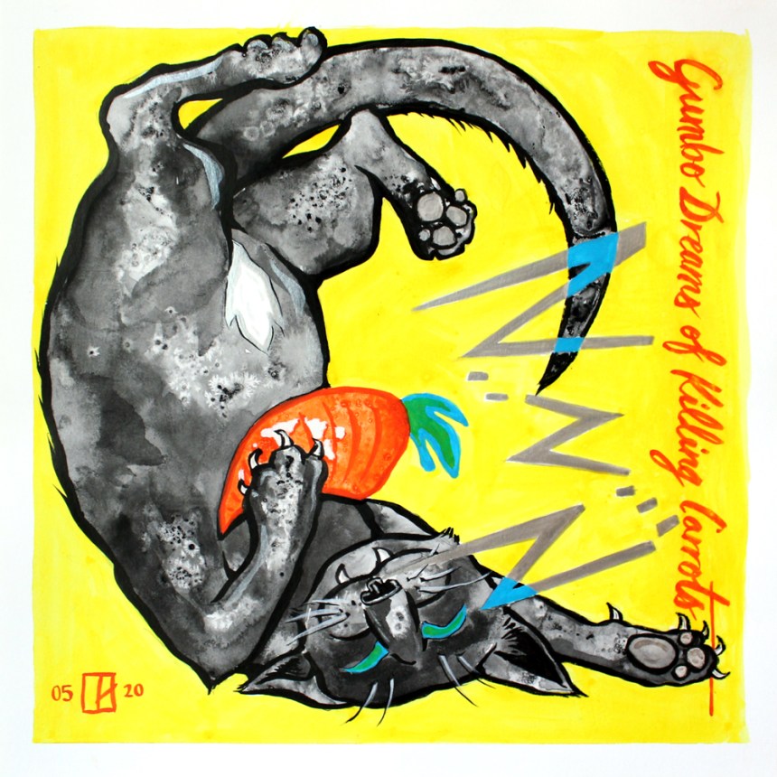 Portrait of Gumbo the black cat in sumi ink and acrylic ink. He is flipped over sleeping with a stuffed carrot. 