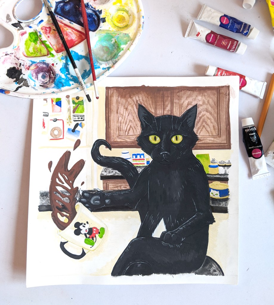 Gouache painting on Gumbo the cat in progress, on a drafting table surrounded by paint tubes and brushes. 