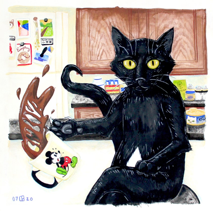 Portrait of Gumbo the black cat in gouache and colored pencil. He is a black cat sitting in a human pose, dropping a cup of coffee. 