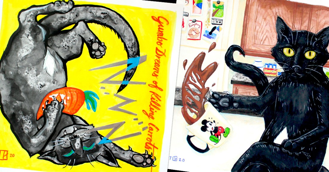 Gumbo the Cat ink and gouache commissioned portraits side by side
