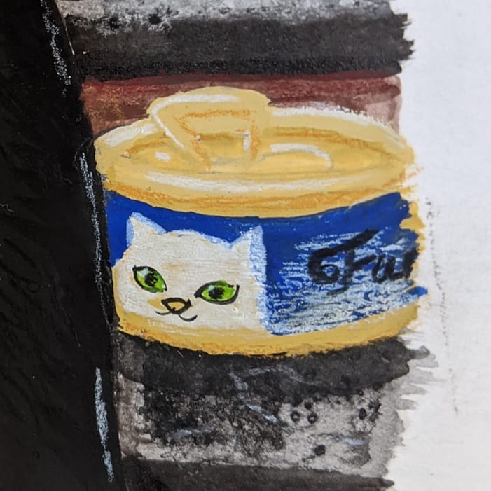 A close up of a painted can of cat food in gouache and colored pencil
