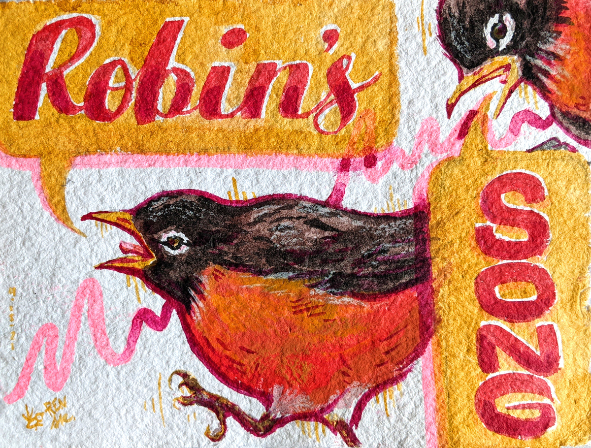 Illustration of two robins singing with speech bubbles that say 'Robin's Song'