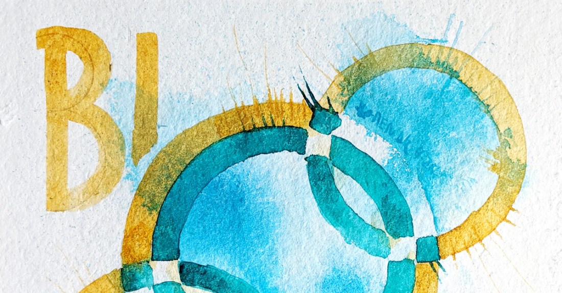 Cropped image of abstract circular illustration of covid-19 virus in blue, teal and ochre. B117 written around it.