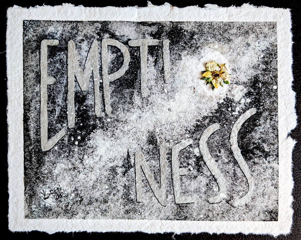 An abstract painting of space with a pressed strawberry flower. EMPTINESS is written around it in silver metallic ink.