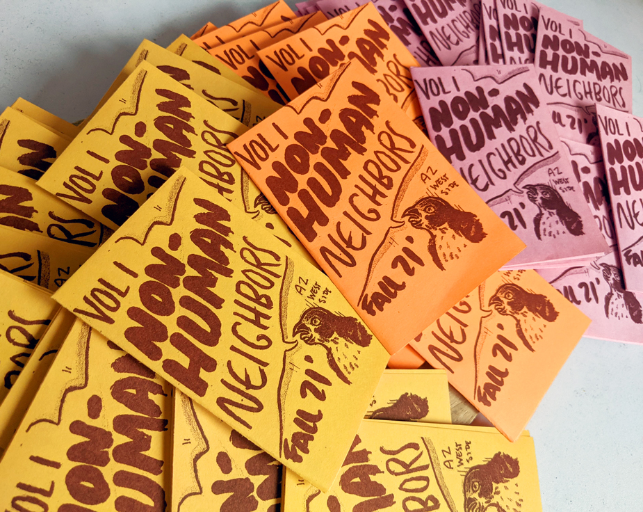 A table of zines spread out, in yellow, orange and purple