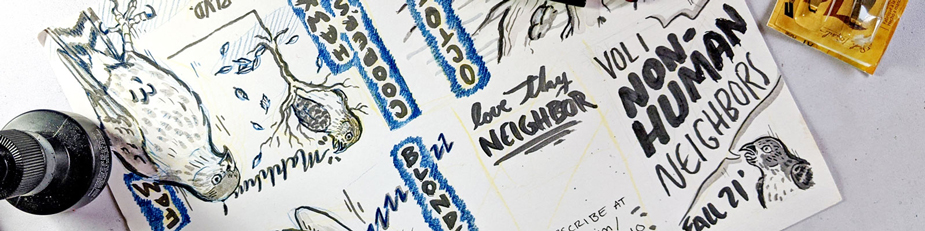 Non-Human Neighbors master sheet copy with ink tools on table