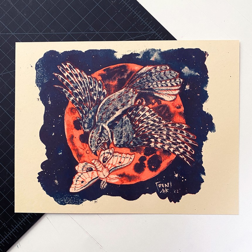 Risograph print of a Whippoorwill and moth in flight in steel blue ink, neon red ink on warm cream paper