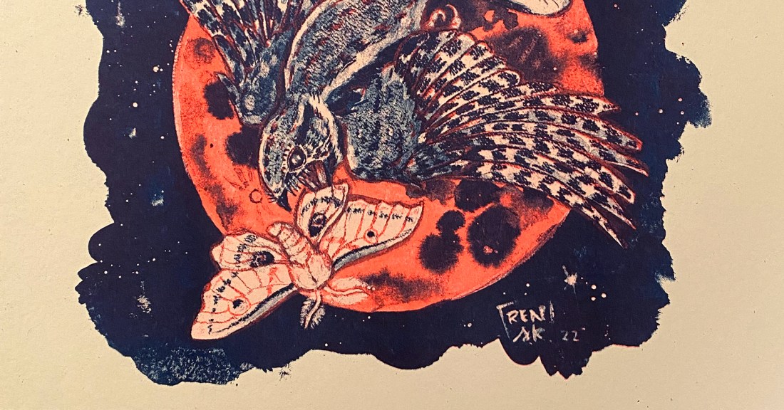 Risograph print of a Whippoorwill and moth in flight in steel blue ink, neon red ink on warm cream colored paper