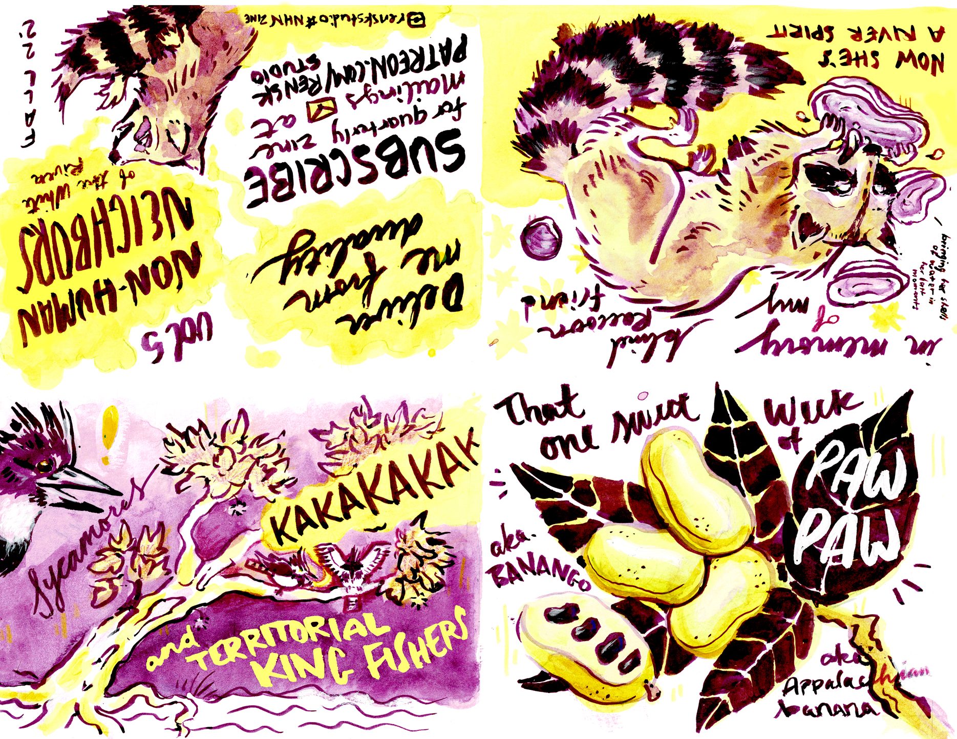 A painted master sheet in yellow and purple inks, showing raccoons, king fishes and pawpaws