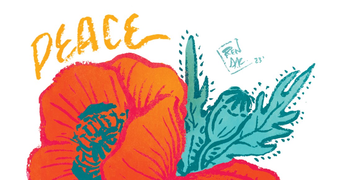 Close up of an illustrated red poppy flower with the word "Peace" in yellow above