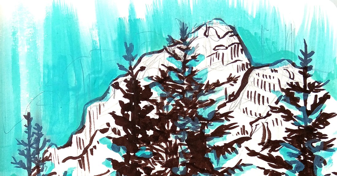 sketch of the rocky mountains in black ink outlines and colored with mint gouache, cropped in on the top of the mountain and pines