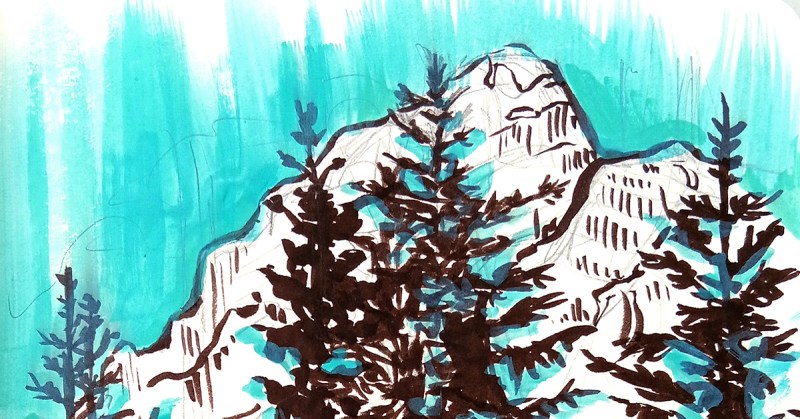 sketch of the rocky mountains in black ink outlines and colored with mint gouache, cropped in on the top of the mountain and pines