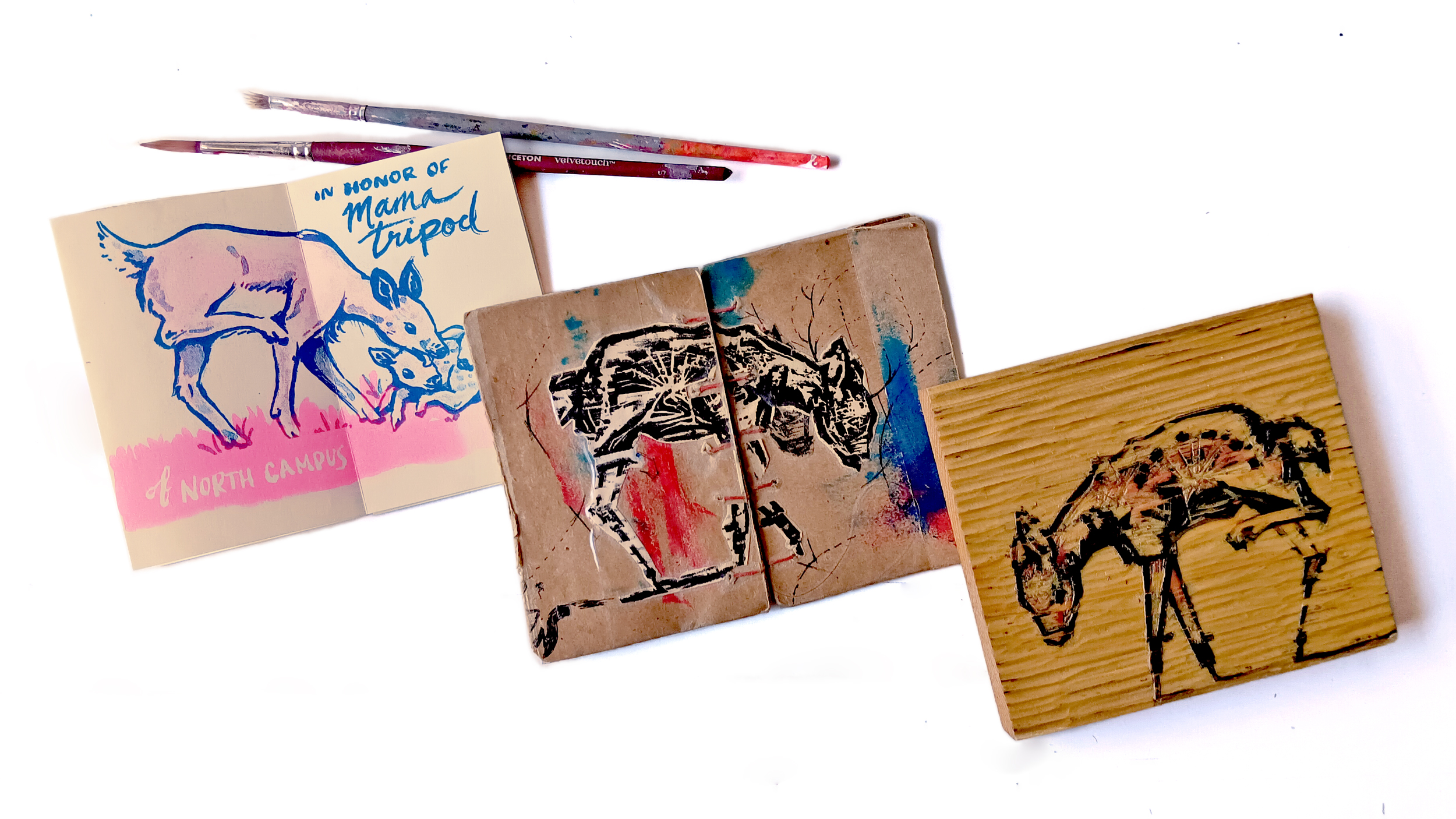 Three images of a three-legged deer, one as a risograph zine, one as a tiny notebook with a woodblock print collaged on it and one is of the original carved woodblock. 