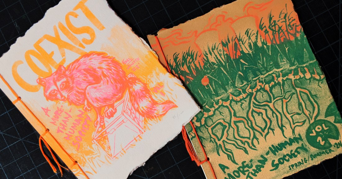 Two zines side by side, A More-Than-Human Society volume 1 and 2. Volumes are printed in neon pink, yellow, neon orange and turquoise