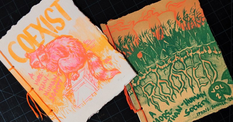 Two zines side by side, A More-Than-Human Society volume 1 and 2. Volumes are printed in neon pink, yellow, neon orange and turquoise