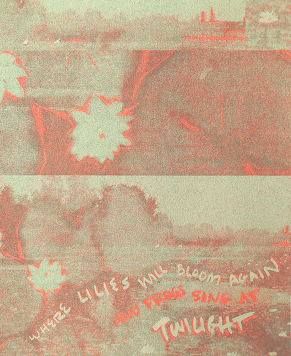 Risograph print of lily pads and a bridge in neon orange and green