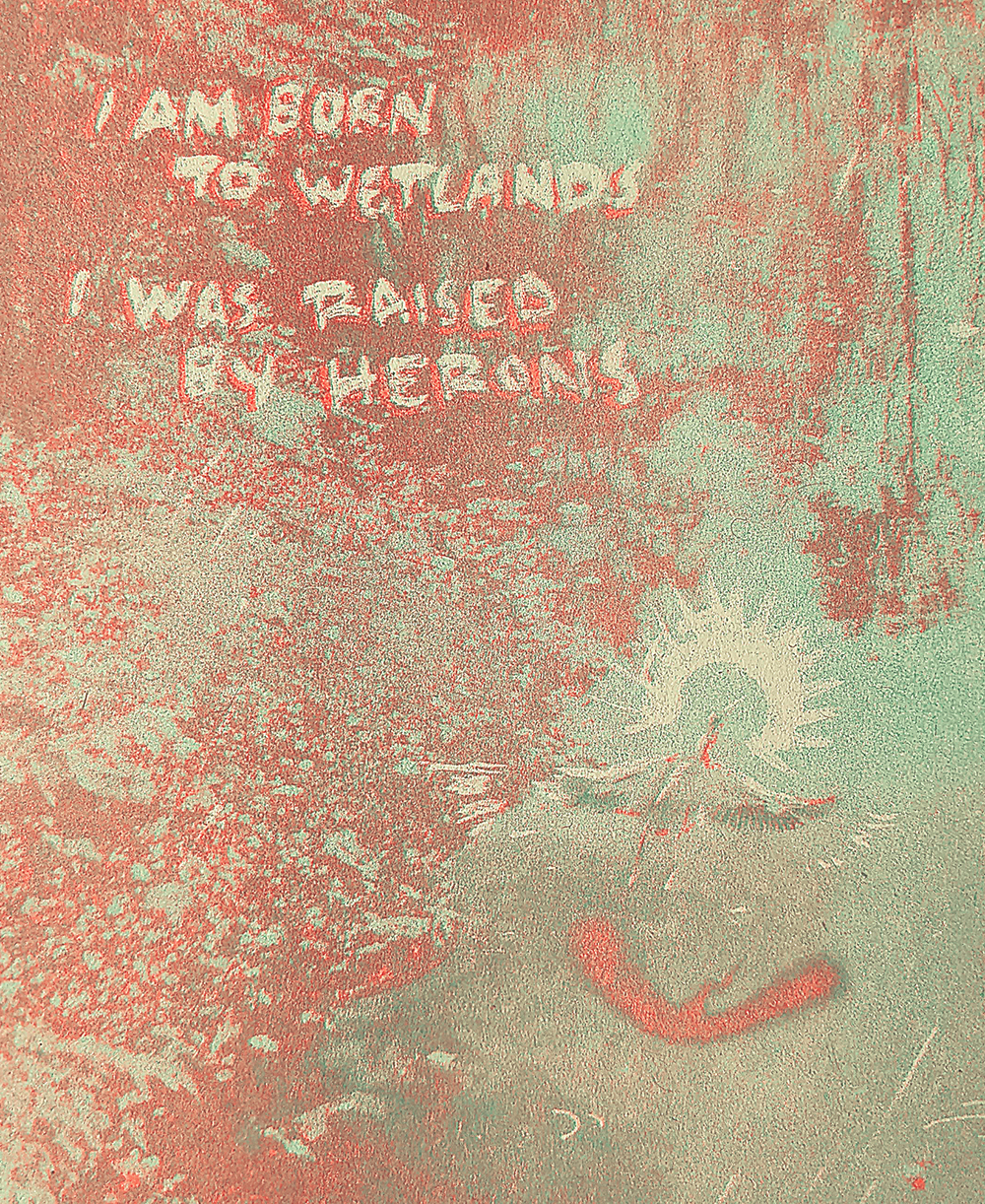 Risograph print of a heron flying over a river in the rain in neon orange and green