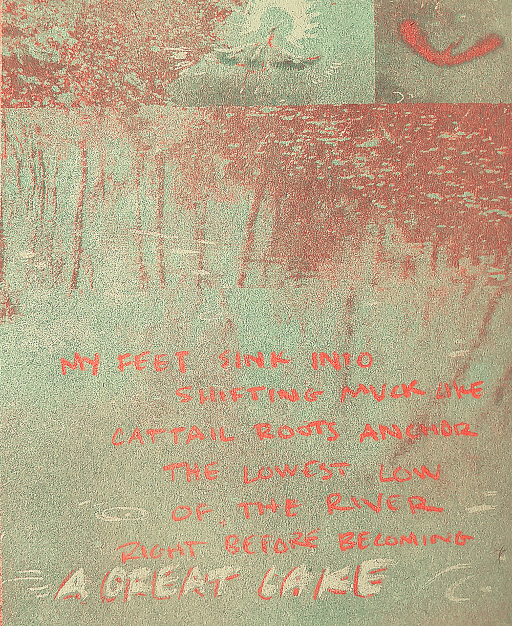 Risograph print of a heron flying over a river in the rain in neon orange and green