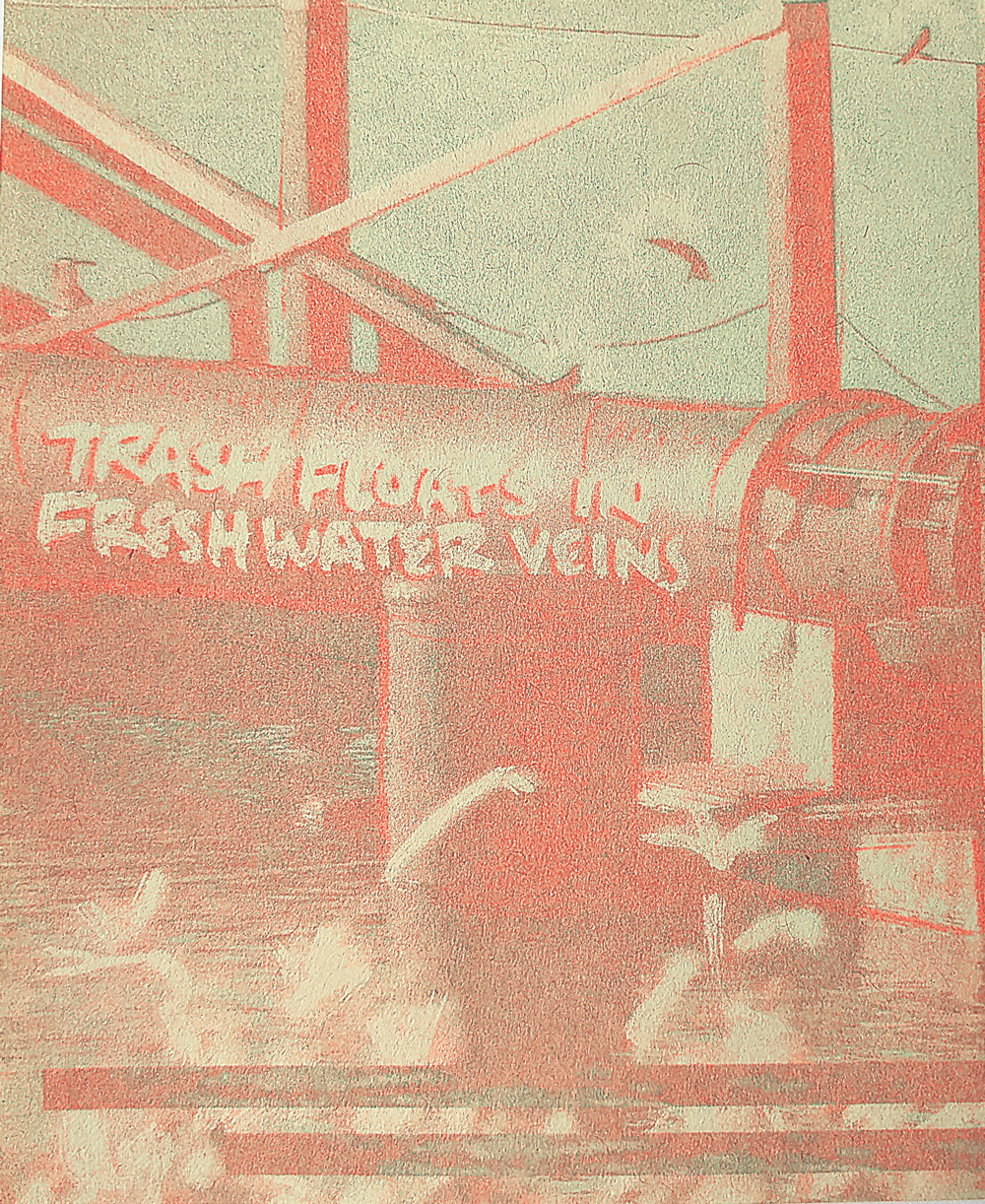 Risograph print of an industrial pipe in a wetland with birds landing on it in neon orange and green