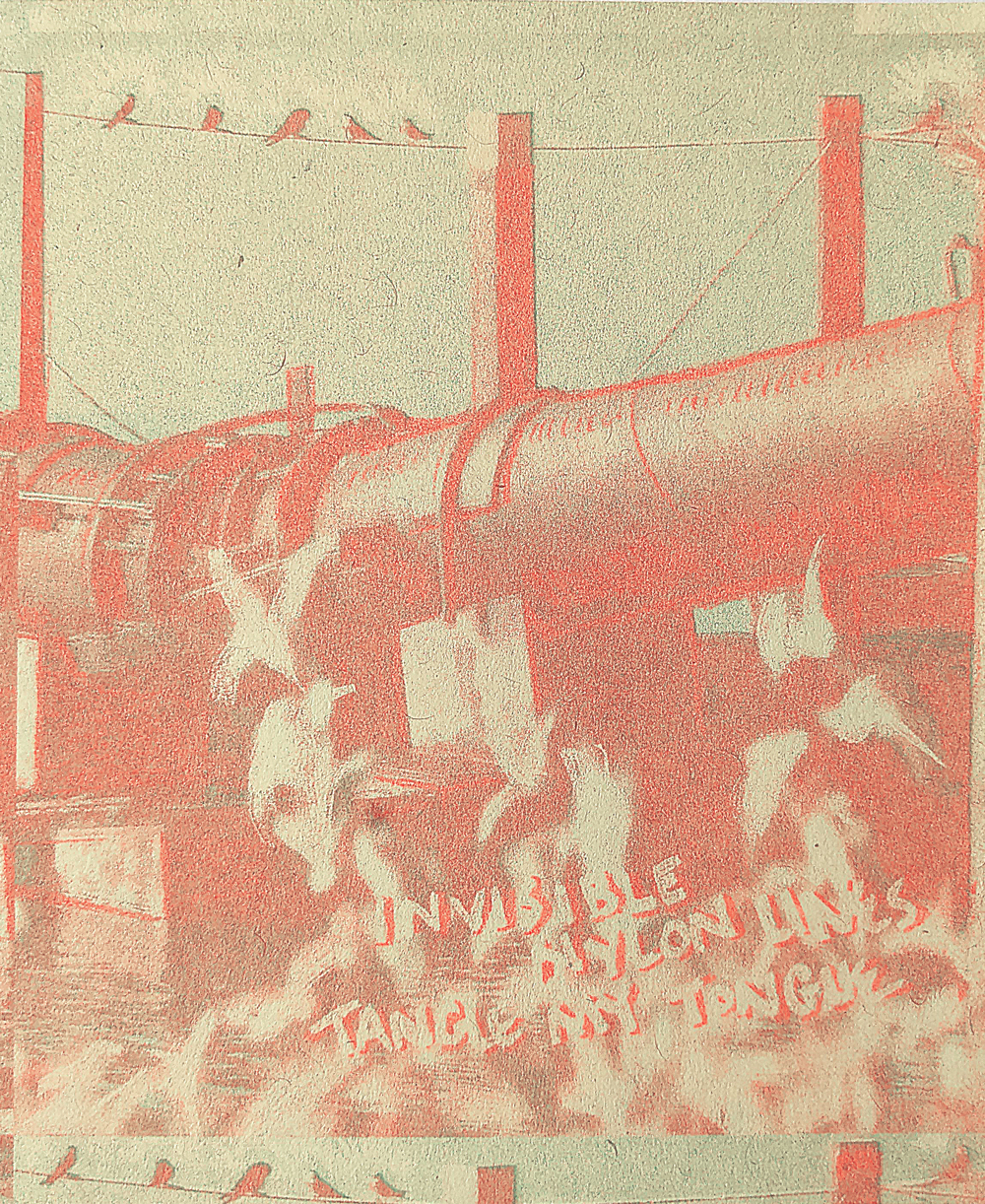 Risograph print of a pipeline in a wetland in neon orange and green