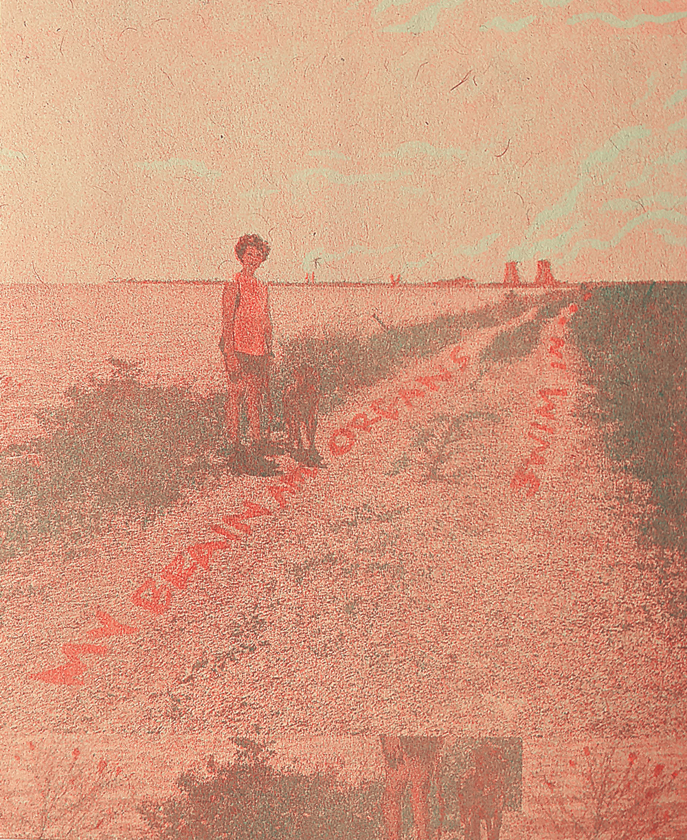 Risograph print of a human and dog standing in front of a nuclear power plant in neon orange and green