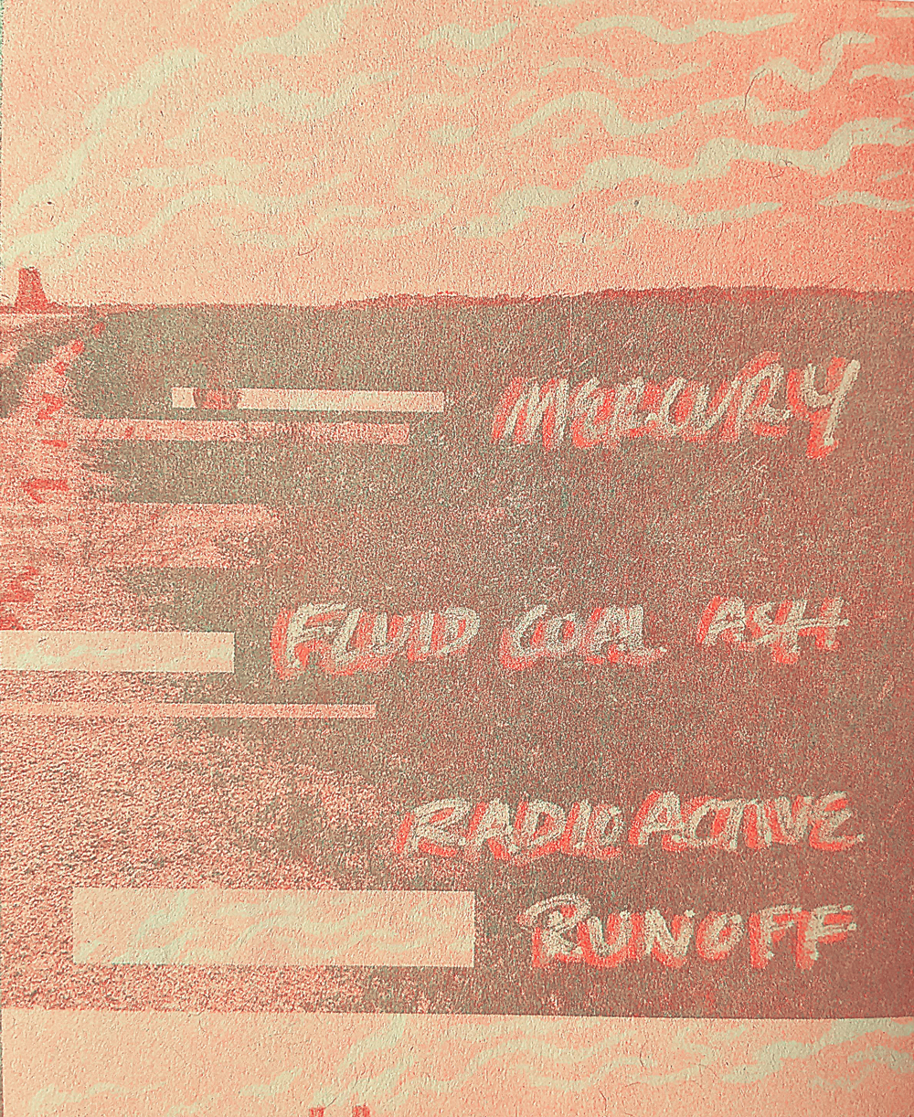 Risograph print of a nuclear power plant in neon orange and green