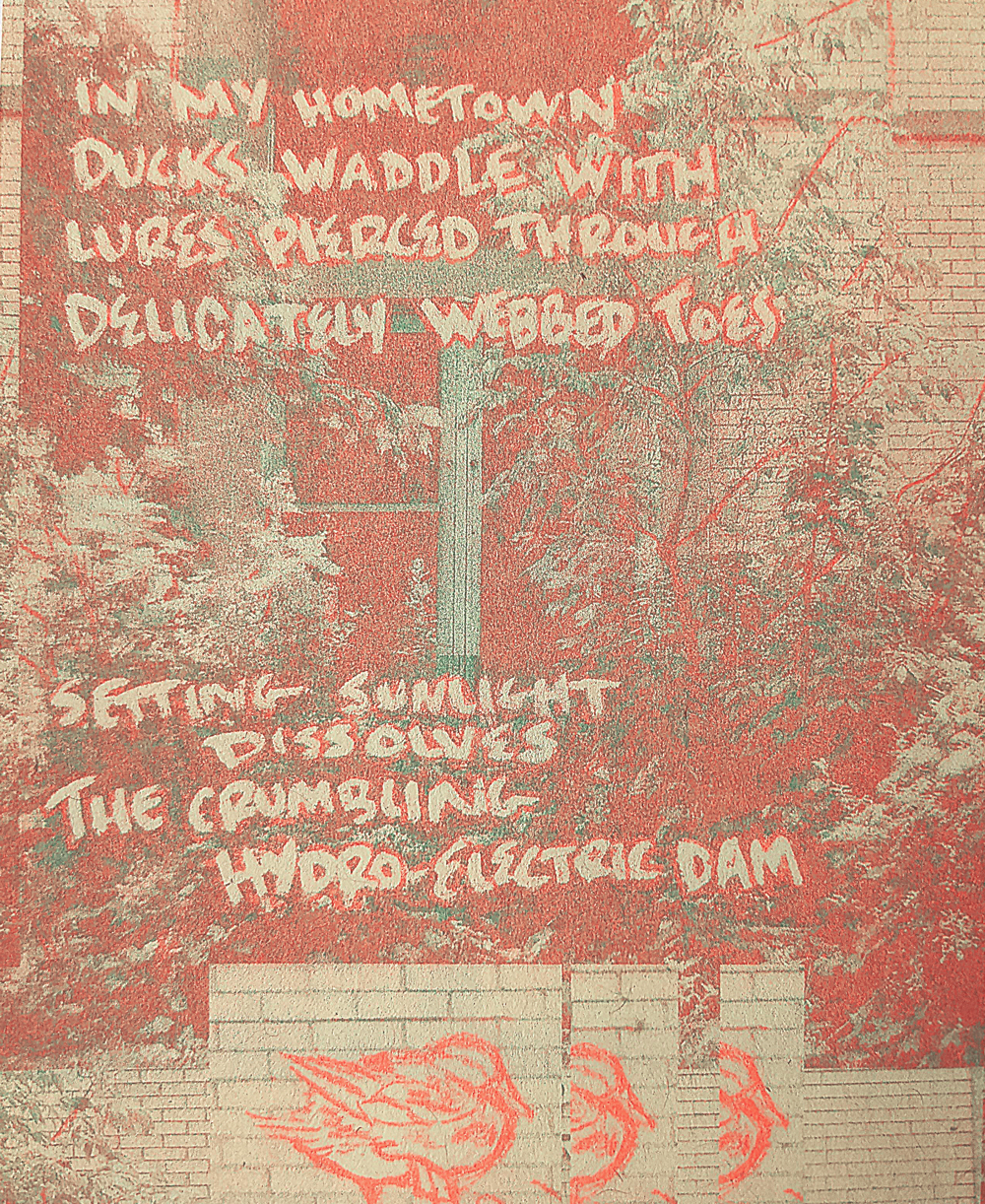 Risograph print of an abandoned building and duck in neon orange and green