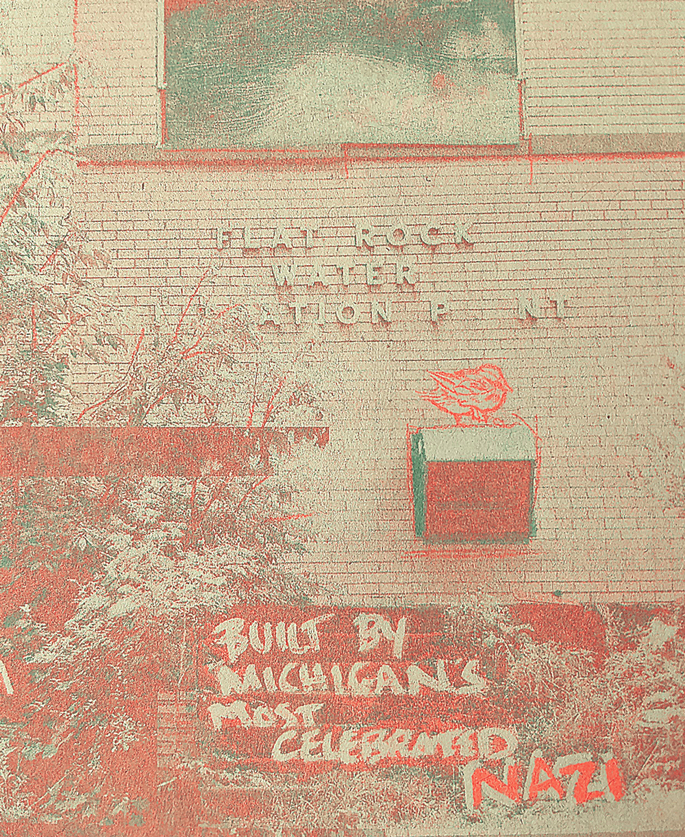 Risograph print of an abandoned water filtration plant in neon orange and green