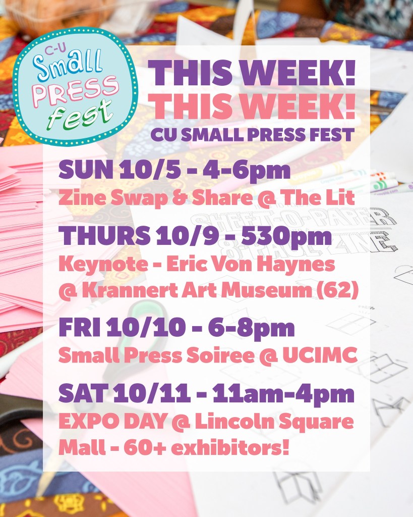 Small Press Fest C-U events listing in purple and pink