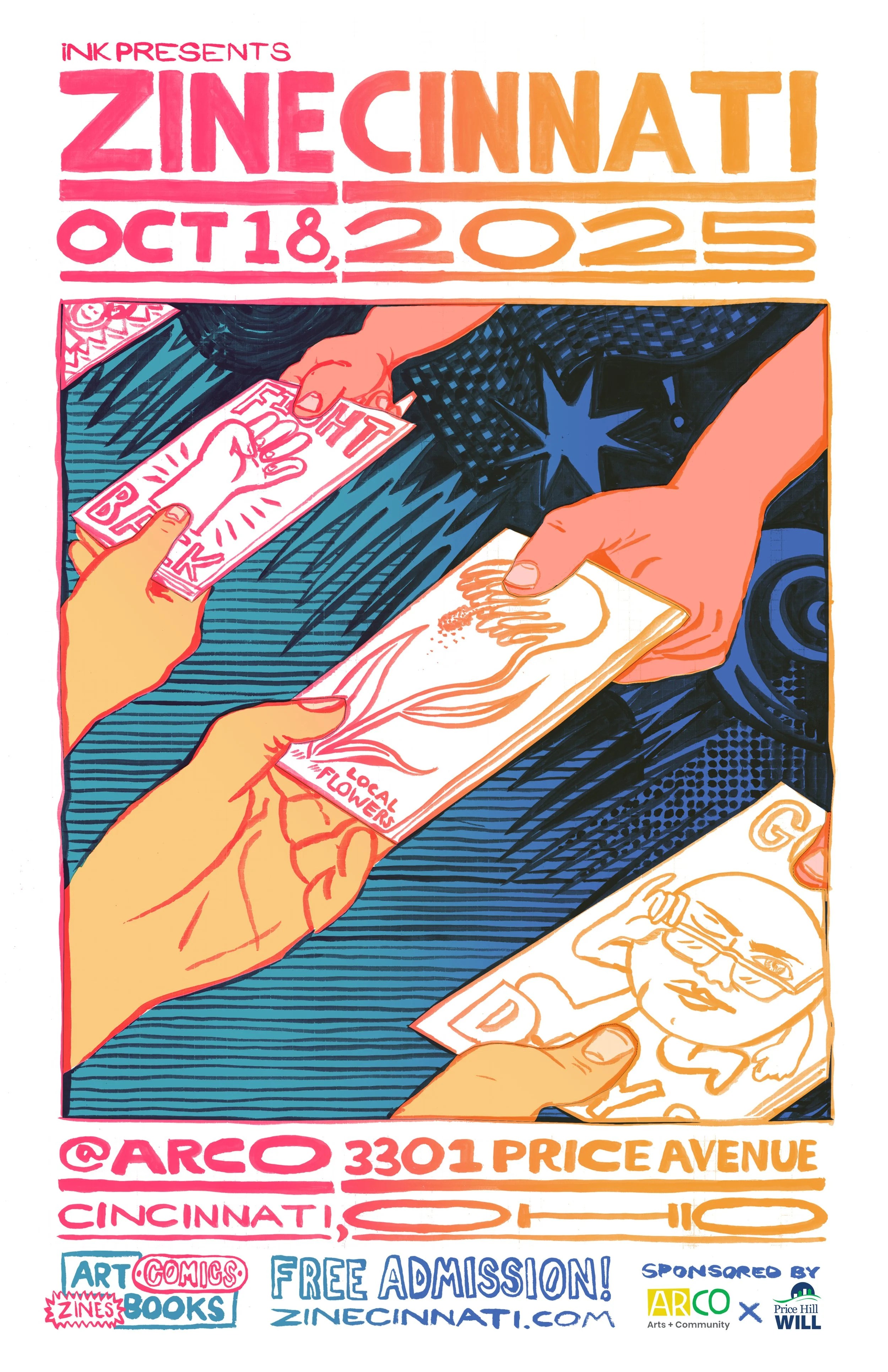 Zincinnati Oct 18 2025 poster, hands holding zines designed by Joe Walsh