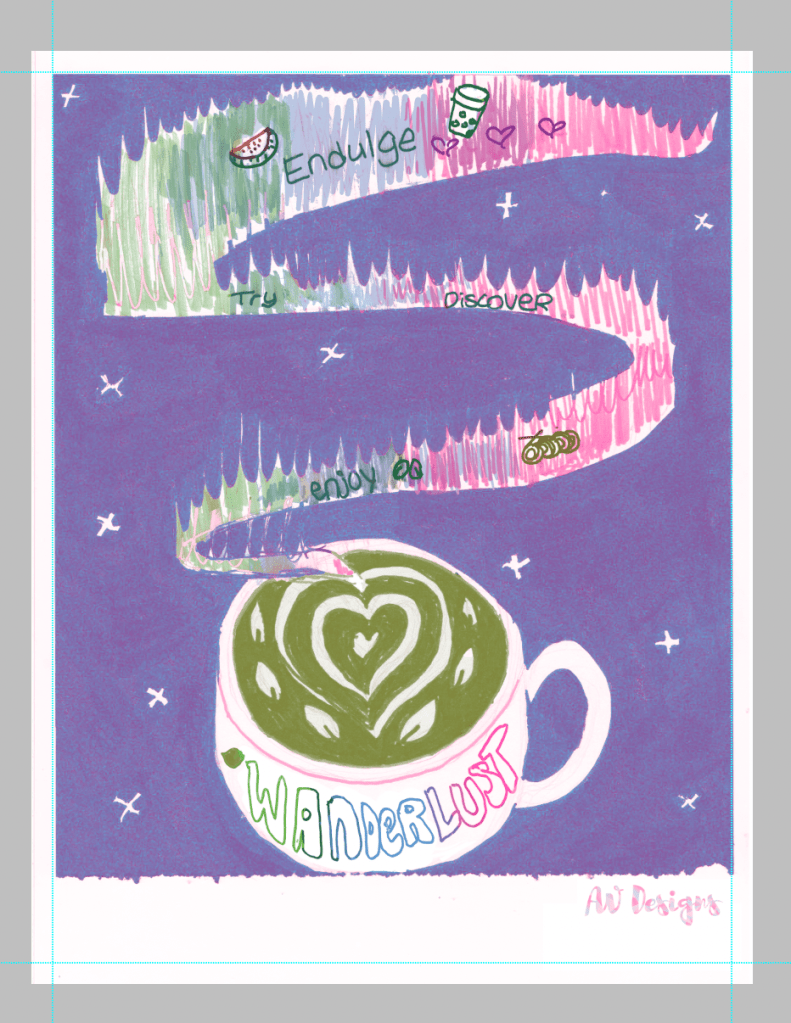 Mockup of a risograph print with a matcha latte cup that says "Wanderlust" and aurora borealis coming from it