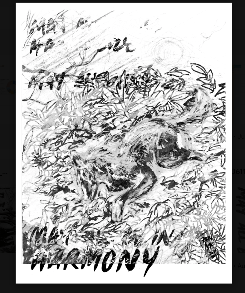 Black and white color screen for yellow ink of the artwork River Spirit, with a coyote laying in leaves in the river. Text says "May All Beings Harmonize, May All Beings Be, May All Be In Harmony"