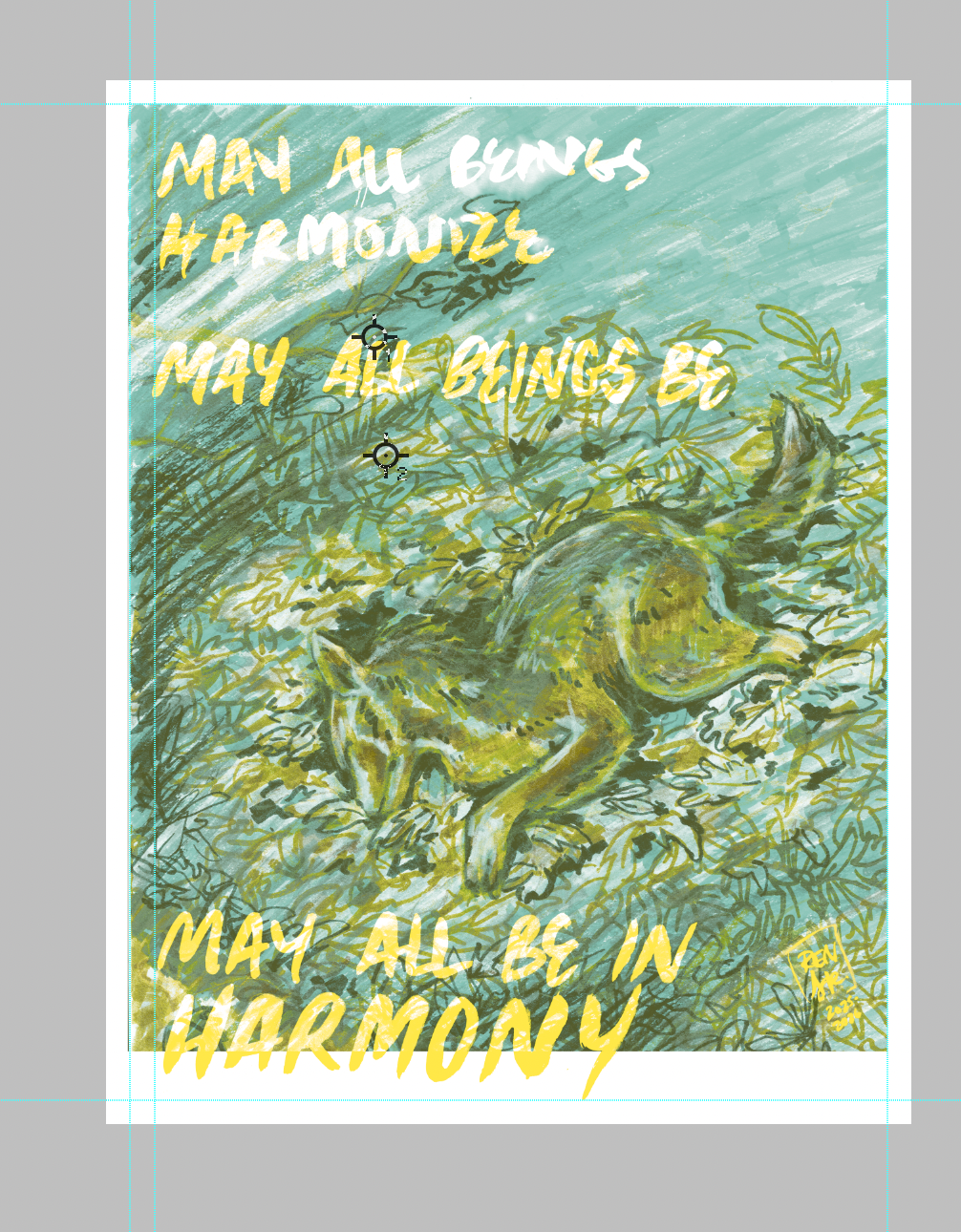 Color mockup of the artwork River Spirit, with a coyote laying in leaves in the river. Text says "May All Beings Harmonize, May All Beings Be, May All Be In Harmony"